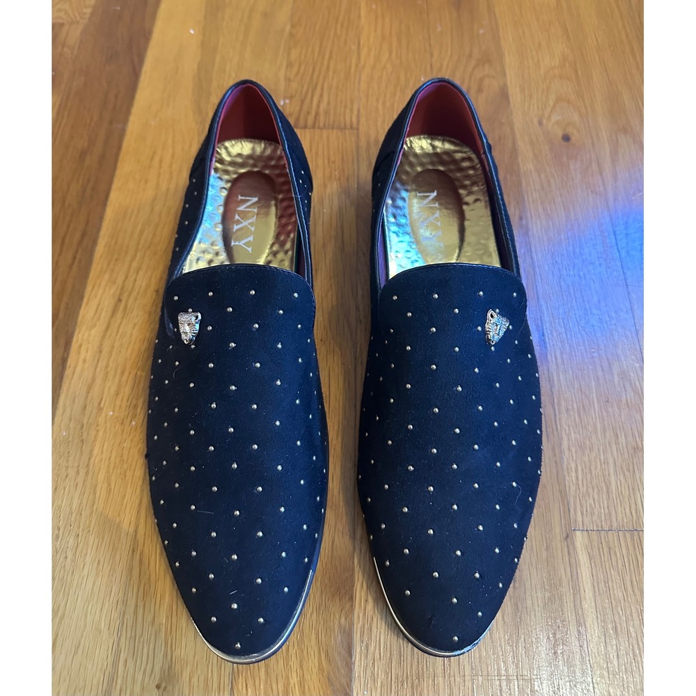NXY Mens Black Suede Studded Loafers Gold Lion Head Dress Shoes NXY-K01 Size 9.5